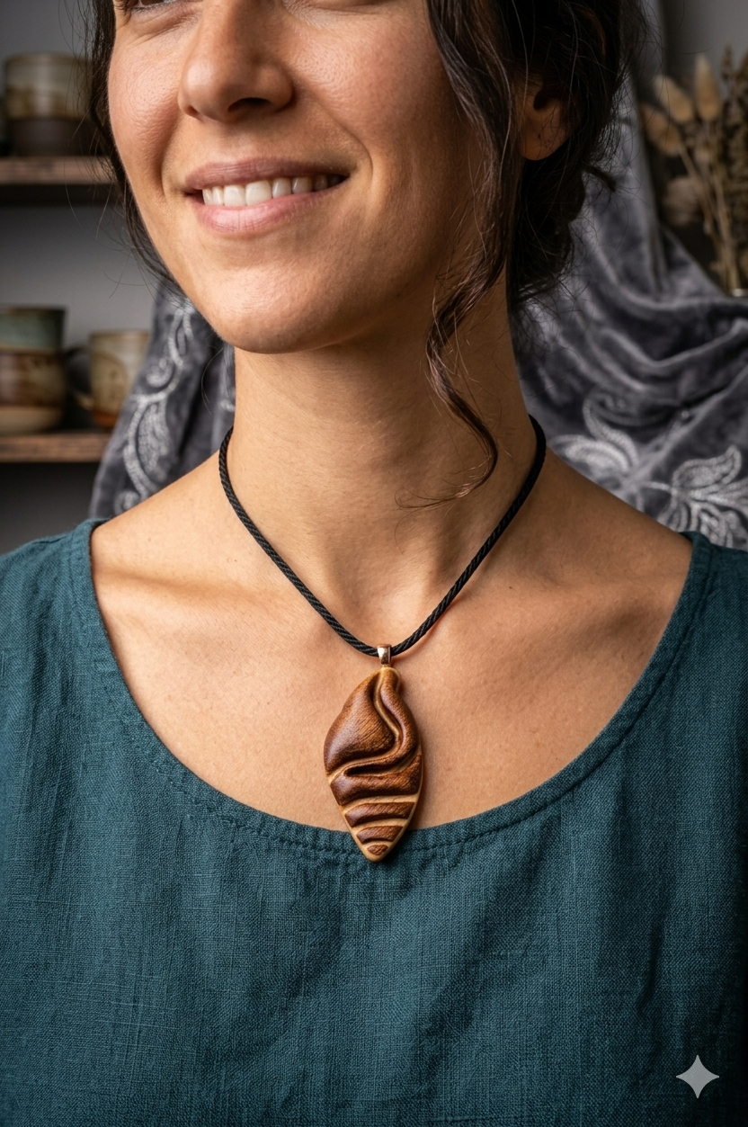 Tidal Grace: Artisan Sculpted Mahogany & Maple Pendant